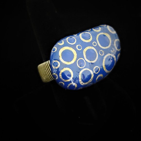 Hand Painted Dot Art Cobalt and Gold Statement Ring - Picture 5 of 5